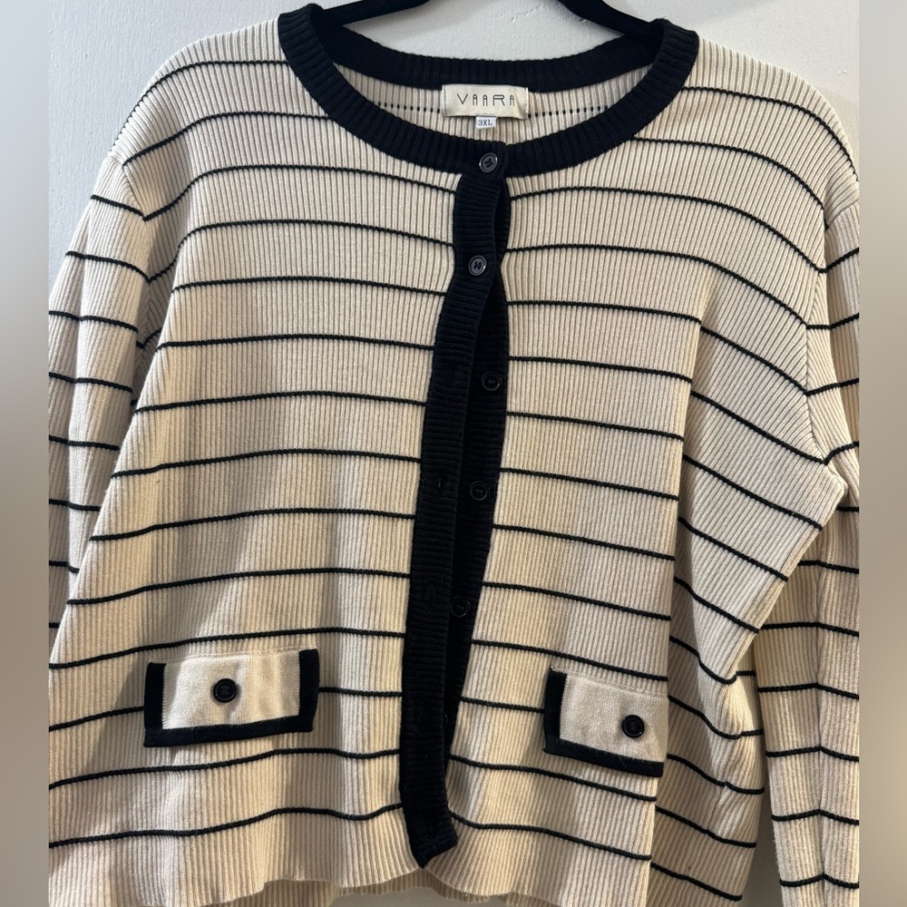 Striped Ribbed Cardigan - Black and Cream